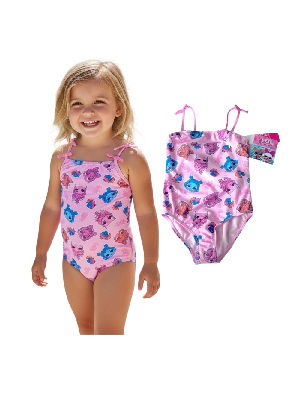 L.O.L. Surprise! Pink One-Piece Swimsuit with Multicolor Character Faces